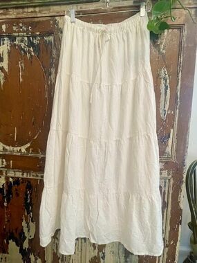 Women’s Ivory linen blend Drawstring Tiered Midi Skirt  size M